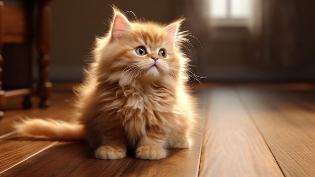 A small ginger kitten is sitting on a wooden floor