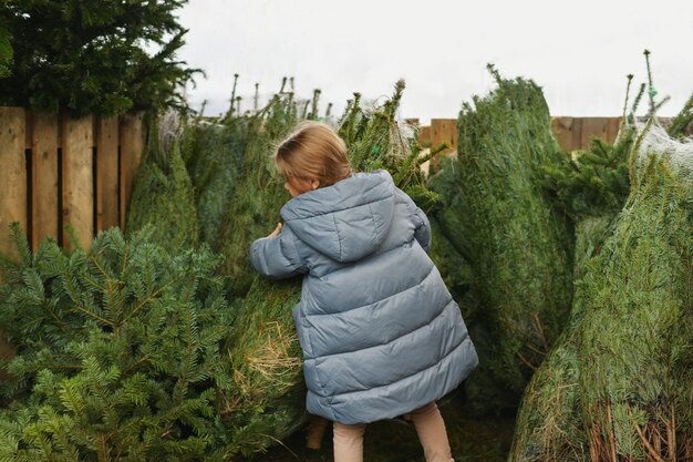 Small girl chooses a christmas tree in the market