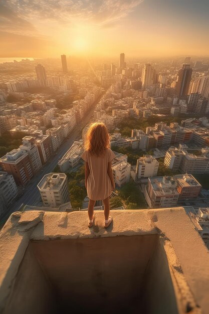 Small girl in front of big city new life concept photo