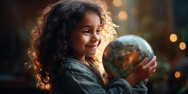 Photo a small girl hugs a replica of the planet earth world children's day concept generative ai