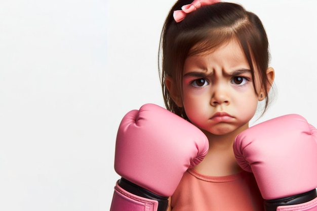 Photo small girl kid wearing pink boxing gloves angry serious expression on solid white background ai generative