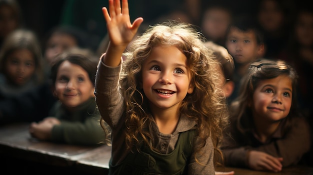 A small girl in a school uniform is sitting in a classroom her hand raised high in the air Created with Generative AI