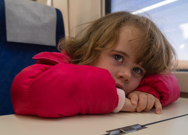 Фото Маленькой девочке в маске скучно в вагоне поезда