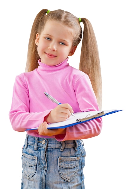 A small girl with clipboard isoalted