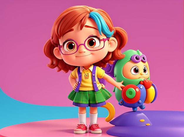 Small girl with on colorful background funny cartoon character school kid 3d