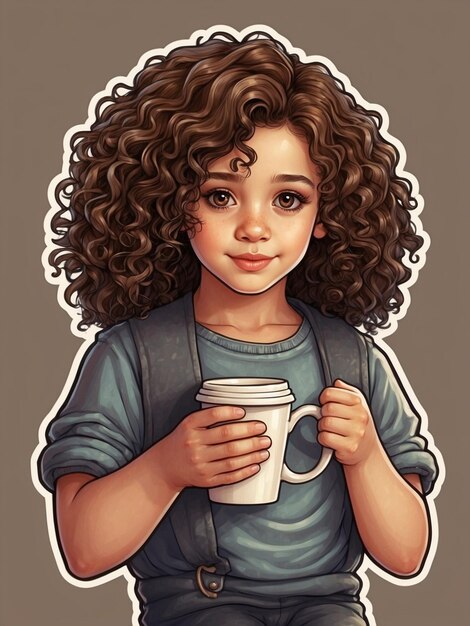 Маленькая девочка с кудрявыми волосами, держащая огромную чашку с кофейными наклейками.