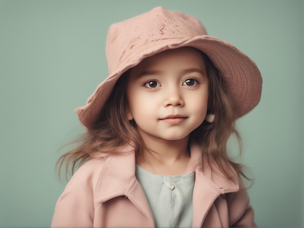 A small girl with trendy clothes and wearing hat