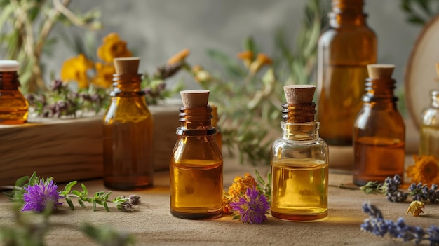 small glass bottles filled with colorful essential oils complemented by surrounding fresh herbs and flowers