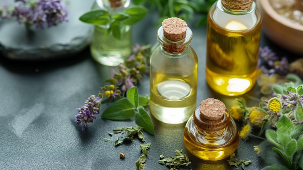 small glass bottles filled with colorful essential oils complemented by surrounding fresh herbs and flowers