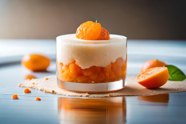 a small glass bowl of oranges and some other fruits.