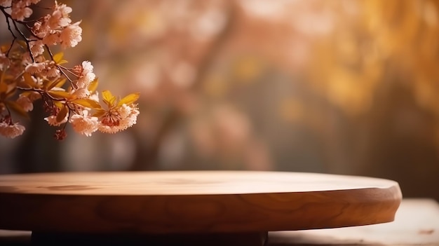 A small glass of cherry blossoms sits on a wooden table.