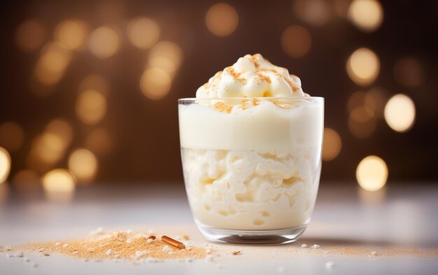 A small glass cup holds a dollop of whipped cream creating a fluffy and luxurious treat