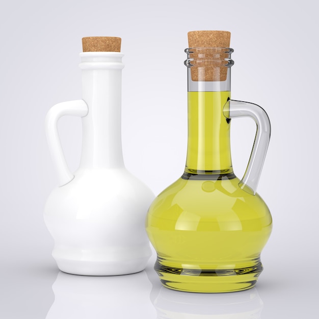 Piccola bottiglia di vetro decanter di sughero di olio d'oliva su sfondo bianco. rendering 3d