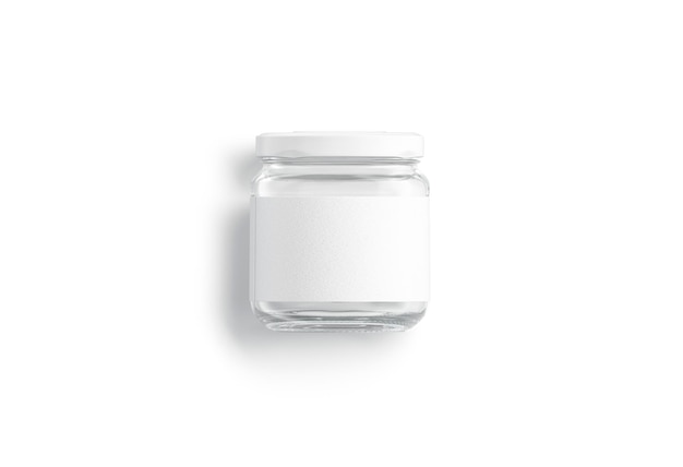 Small glass jar with white label mockup. Translucent storage dishware mock up. Jar with sticker.