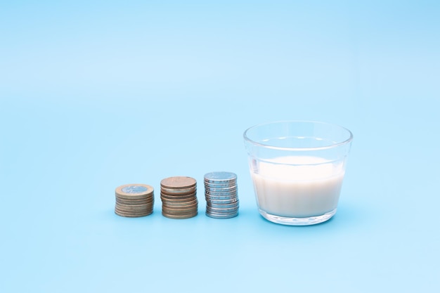 Small glass of milk with coins around