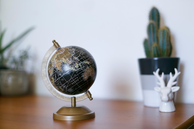 Photo a small globe on a table with a cactus in the background