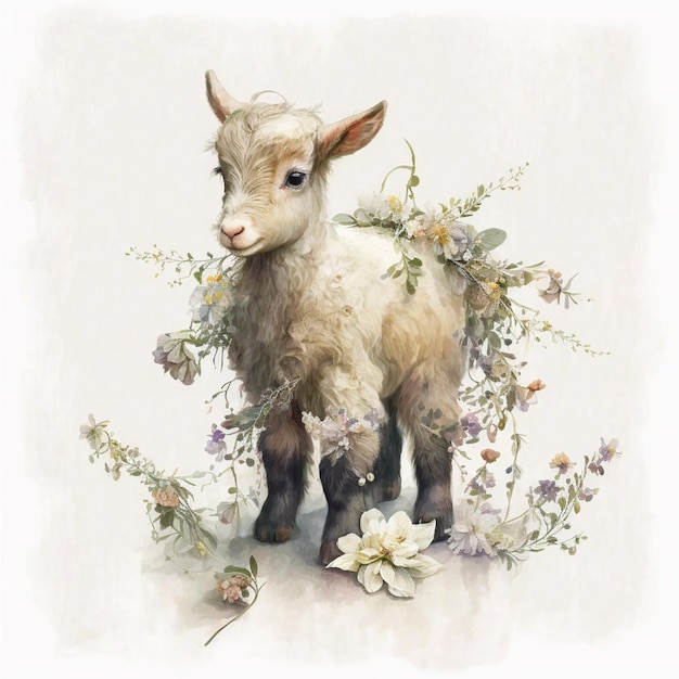 A small goat is standing among flowers and a white goat is standing in the middle of the picture.