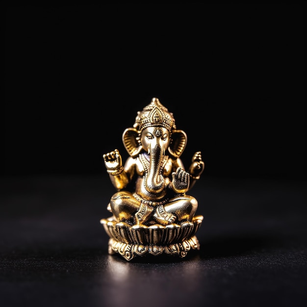 A small gold statue of an elephant with a black background