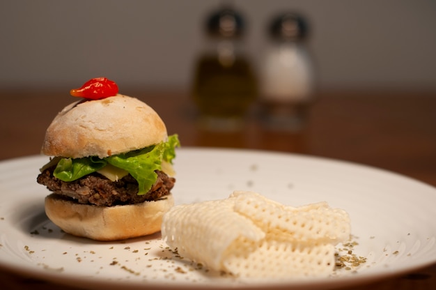 small gourmet hamburger with soy chips - potato