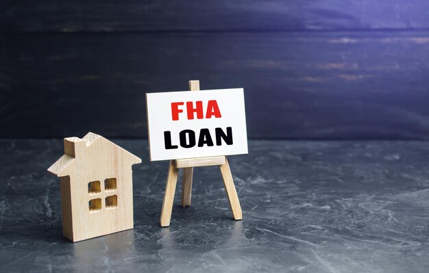 Small gouse and FHA loan easel sign High risk of default Mortgage insured by Federal Housing Administration Loan An affordable financial instrument for borrowers with a low credit score