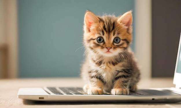 Маленький серый котенок сидит на клавиатуре ноутбука в помещении