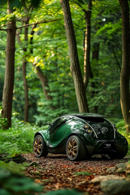 Небольшая зеленая машина припаркована в лесистой местности.