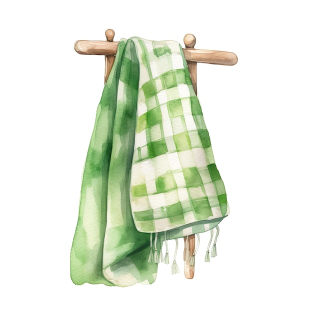 small green check kitchen towel isolated on white background Watercolor illustration