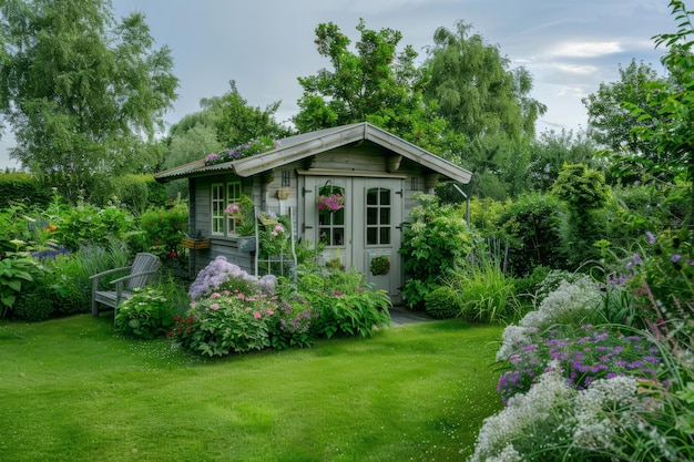 정원과 창고가 있는 작은 초록색 울타리 뒷마당 정원 도구 창고 생성 AI