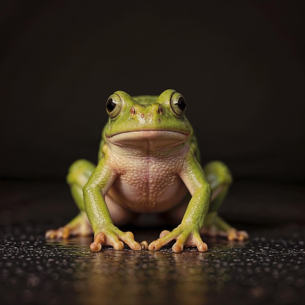 A small green frog loot at the camera