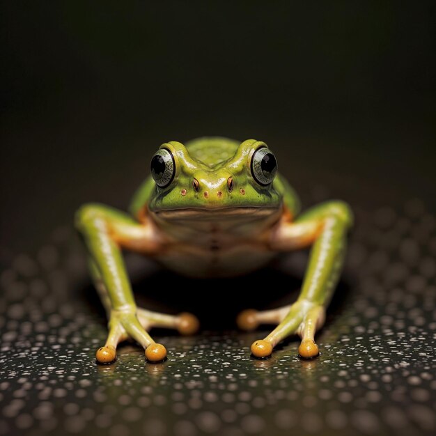 A small green frog loot at the camera