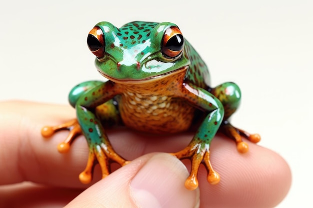 small green frog sitting on top of a persons finger