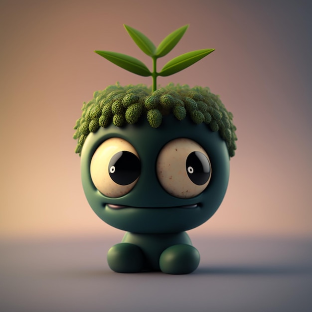 A small green monster with sprouts on its head.