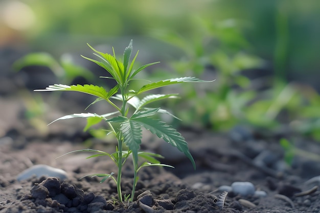 小さな緑の植物が地面から現れる