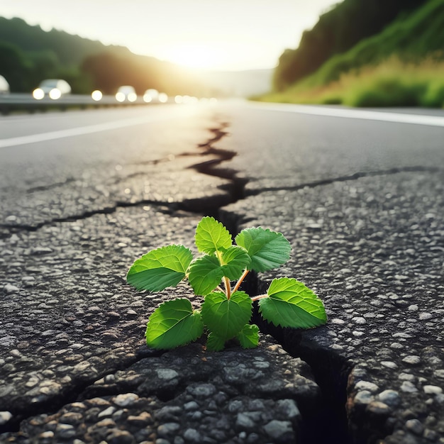 Small green plant growing out of crack in asphalt road