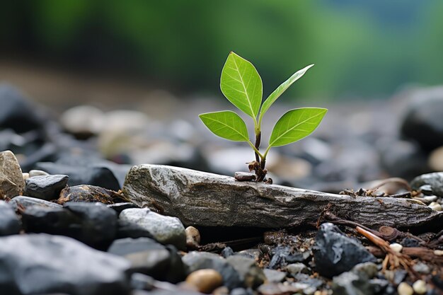 a small green plant growing out of a rock