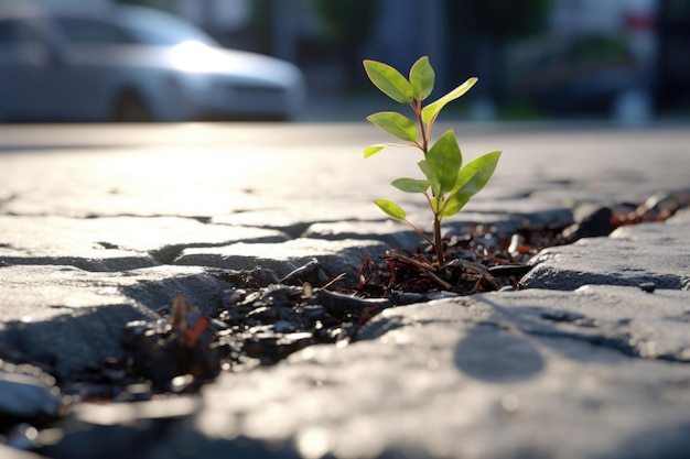 Small green plant growth through cracks in asphalt Struggle for survival concept Sprout growing through road