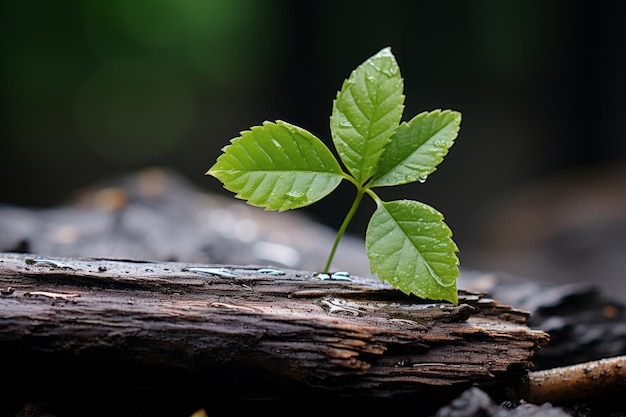 a small green plant is sitting on top of a piece of wood