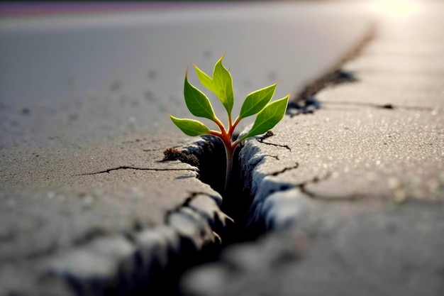 Small green plant sprouting out of crack in the ground Generative AI