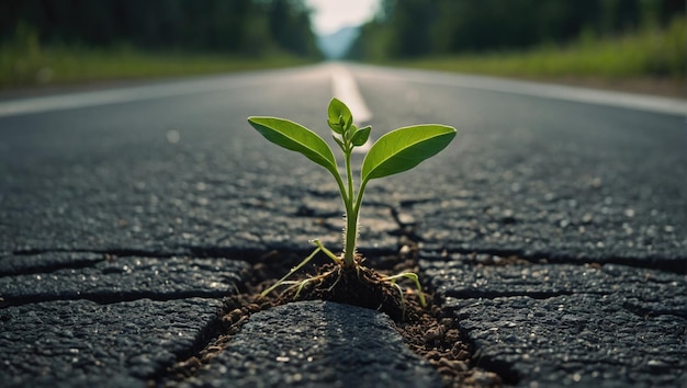 道路の割れ目から芽生える小さな緑の植物