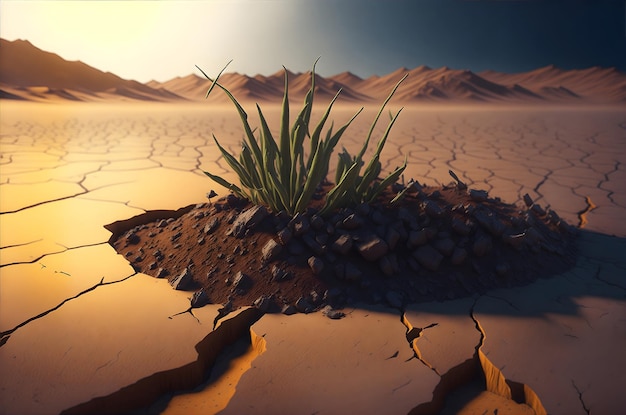 Photo a small green plant that thrives in the middle of an isolated arid desert