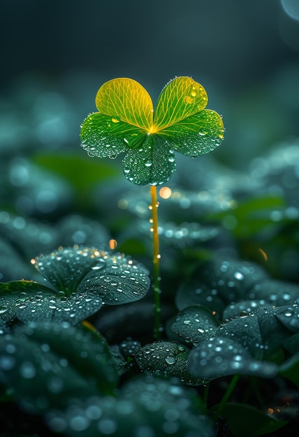 Small green plant with dew drops