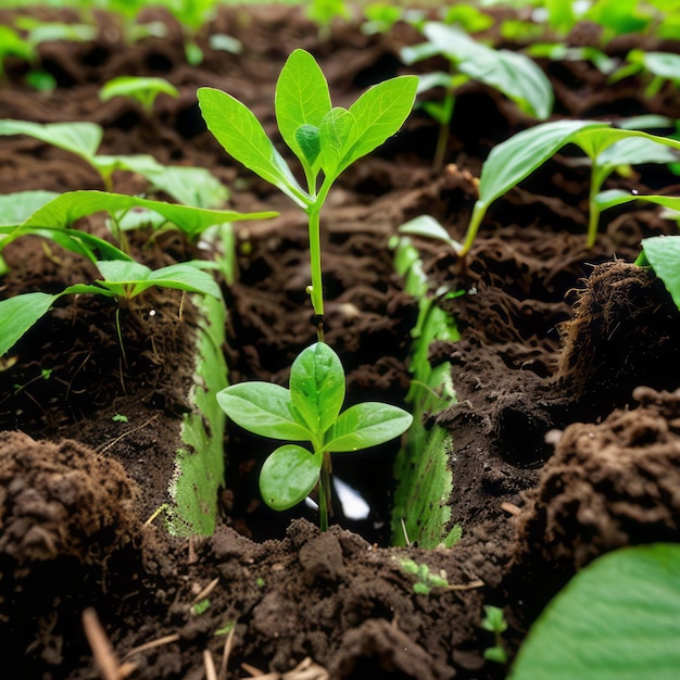 small green sprout in soil with blurred background