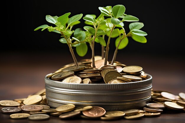 Small green tree in a container with coins savings concept