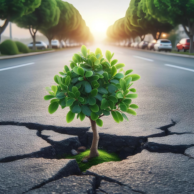 Small green tree growing out of crack in asphalt road