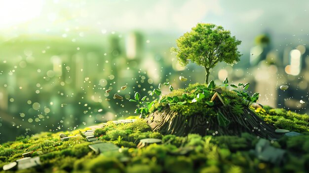 Small green tree growing on a stump in the middle of a lush green field with a bright blurred background