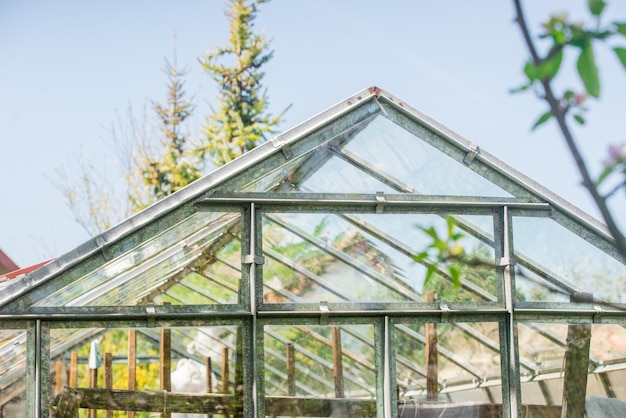 Small greenhouse in rural area. Small village glasshouse for food.