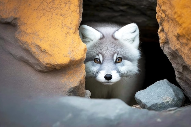 Small grey arctic fox peering out from small cave in rocks