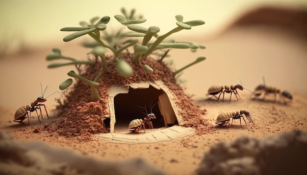 A small group of ants are walking around a small cave.