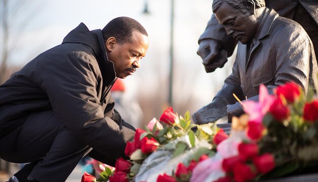 Photo a small group laying wreaths and flowers at a local mlk statue or street named in his honor