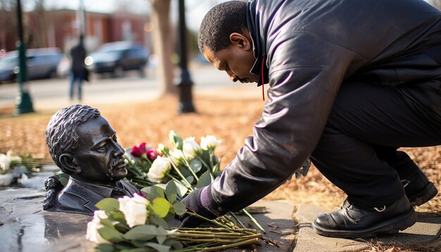 Foto un piccolo gruppo deposita ghirlande e fiori presso una statua locale di mlk o una strada intitolata in suo onore